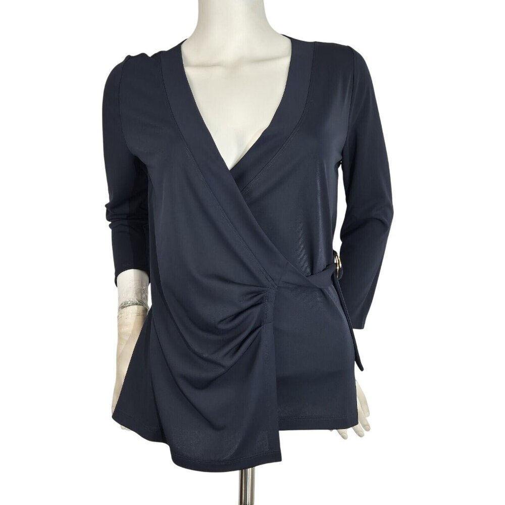Lauren Ralph Lauren Top Womens Size M Navy Blue Wrap Blouse Gold Hardware 49